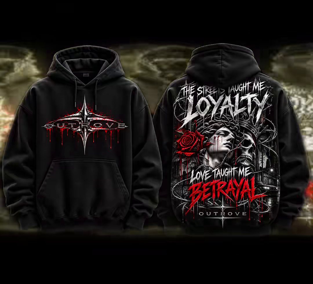 Μαύρο hoodie Outrove Loyalty με λογότυπο που στάζει κόκκινο μπροστά και άγαλμα με τριαντάφυλλο στην πλάτη